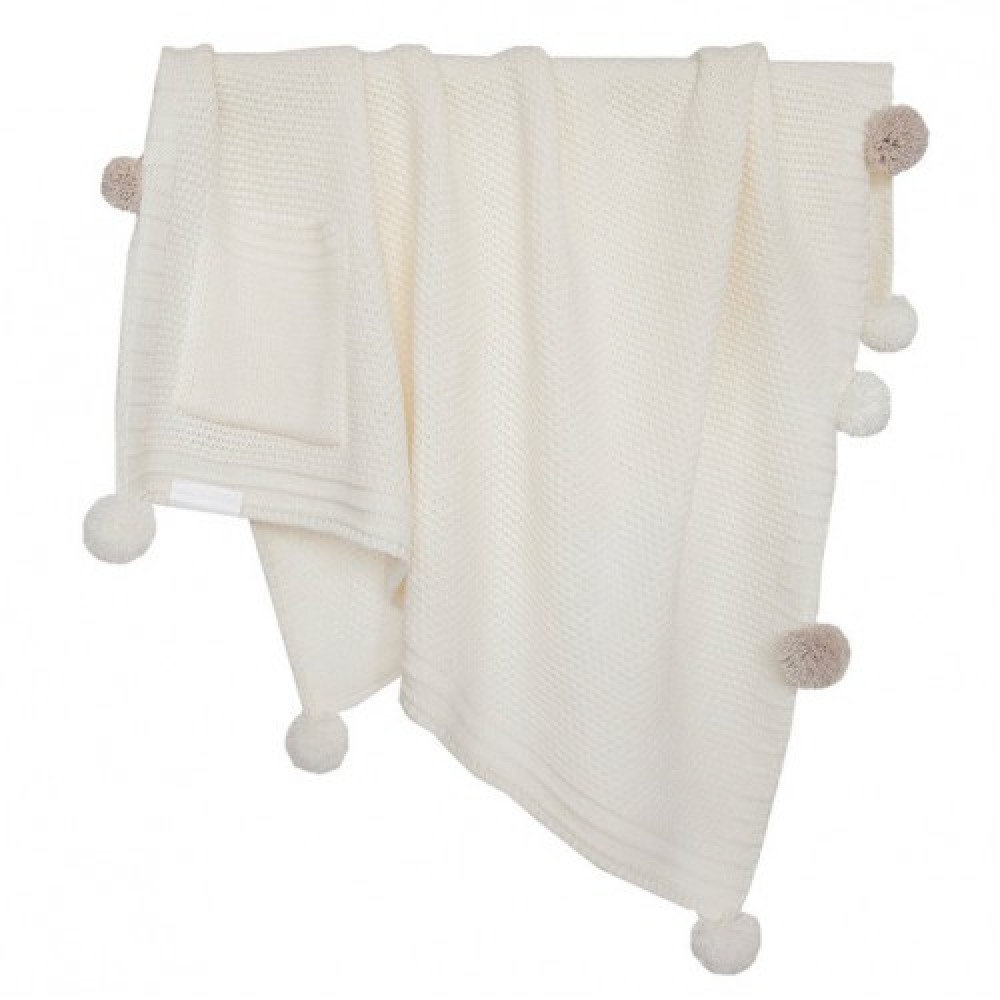 Вязаный плед с помпонами, Молочный