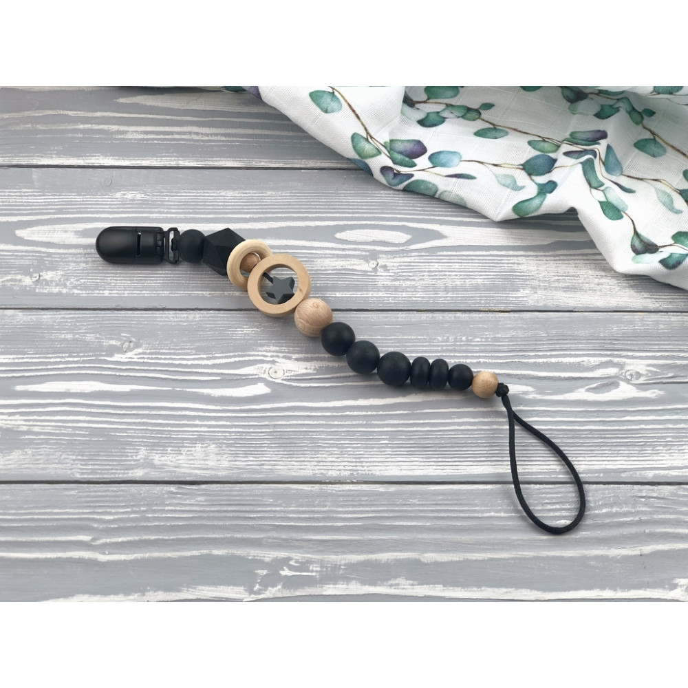 Держатель-прорезыватель для пустышки из силикона и бука, Черный