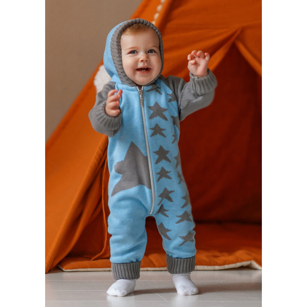 Комбинезон на молнии вязаный, "Звездочка" голубой