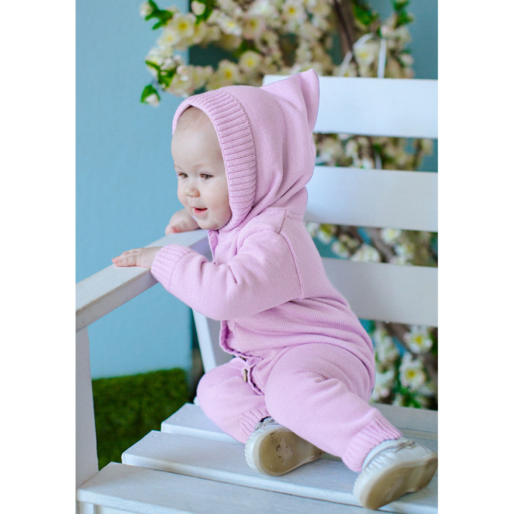 Комбинезон с капюшоном вязаный, Розовый