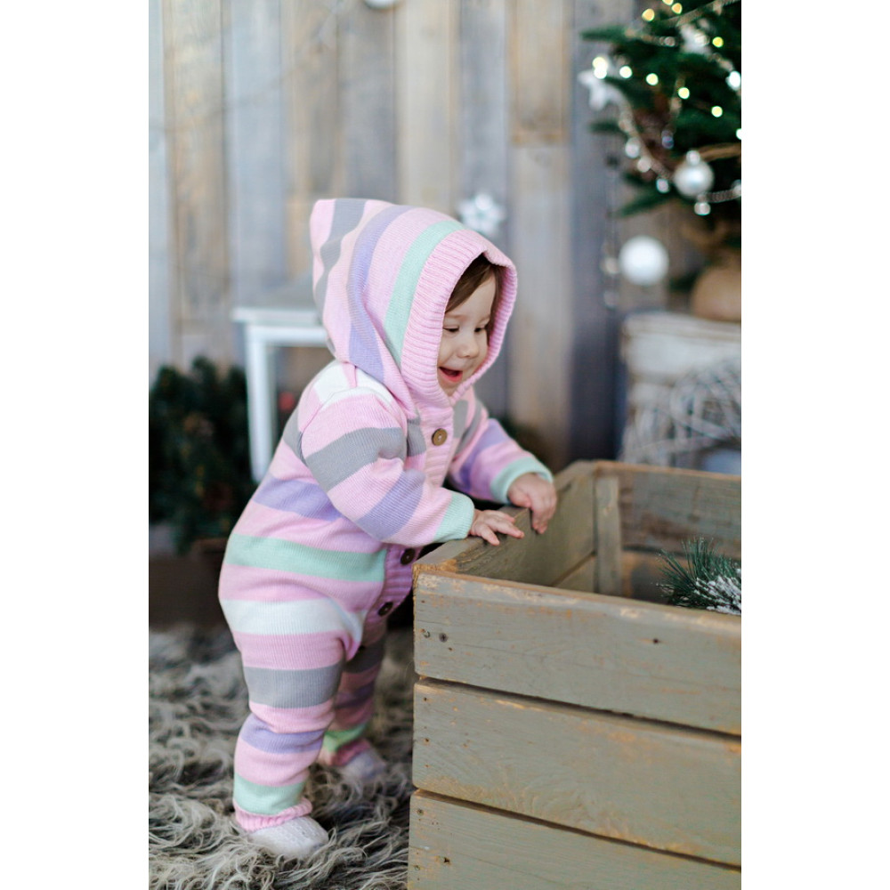 Комбинезон с капюшоном вязаный "Полоска", Розовый