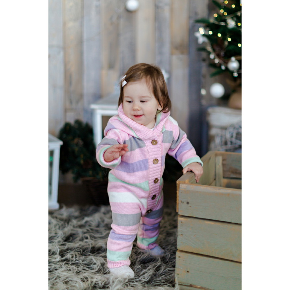 Комбинезон с капюшоном вязаный "Полоска", Розовый