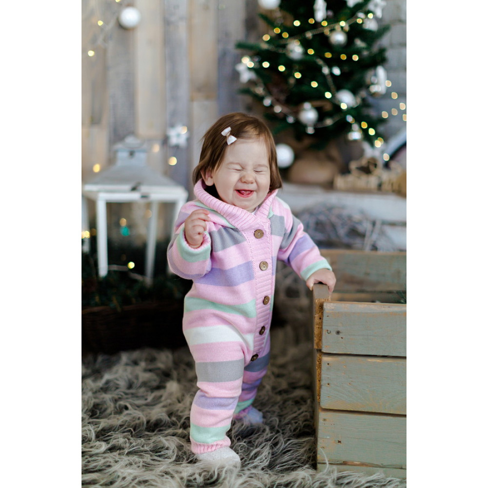 Комбинезон с капюшоном вязаный "Полоска", Розовый