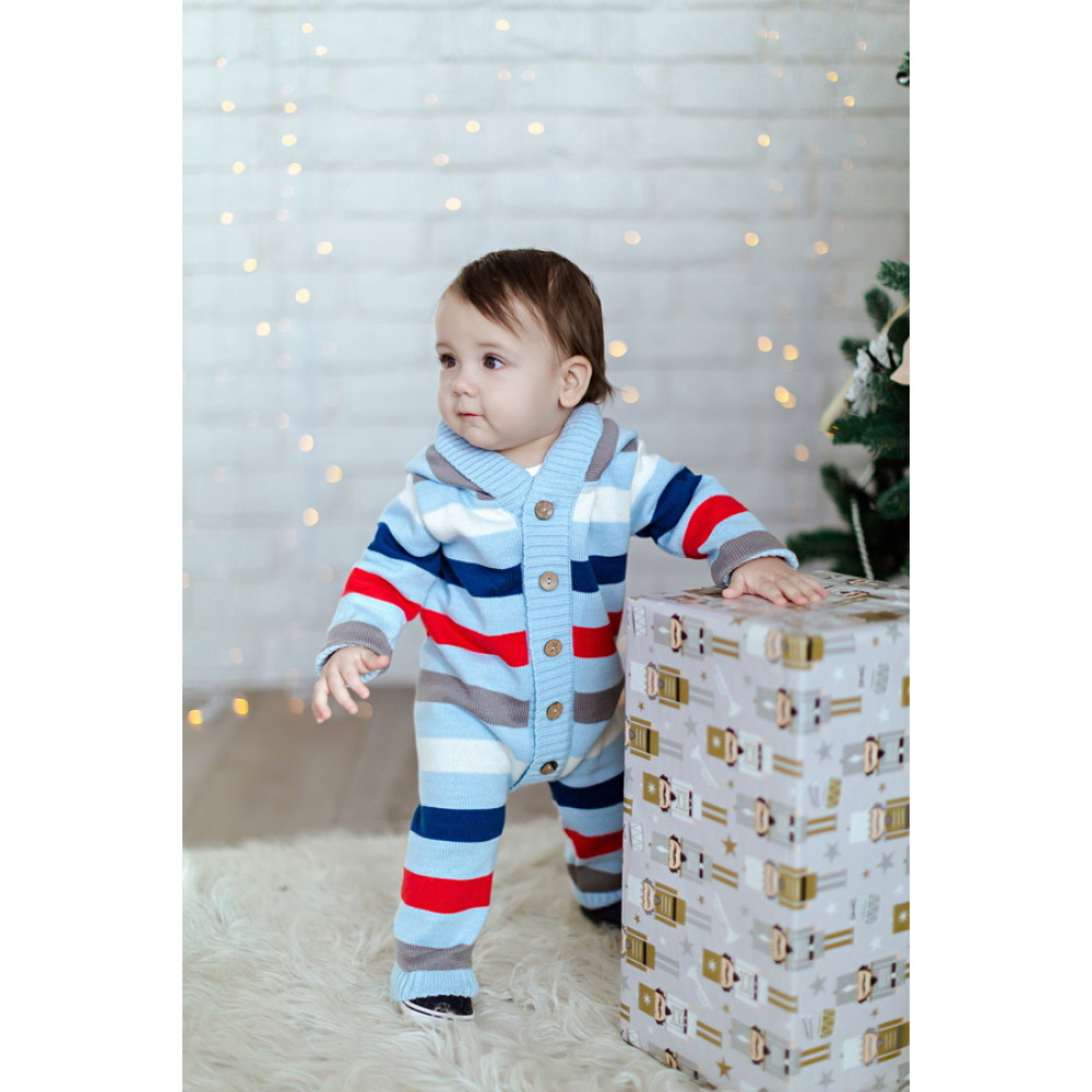 Комбинезон с капюшоном вязаный "Полоска", Голубой