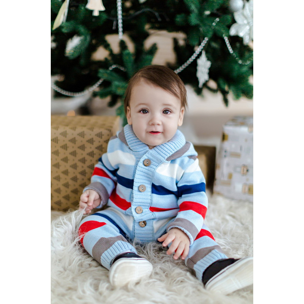 Комбинезон с капюшоном вязаный "Полоска", Голубой