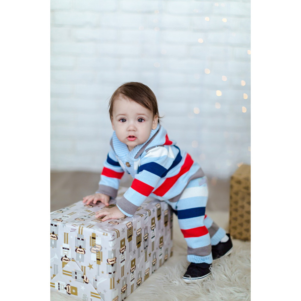 Комбинезон с капюшоном вязаный "Полоска", Голубой