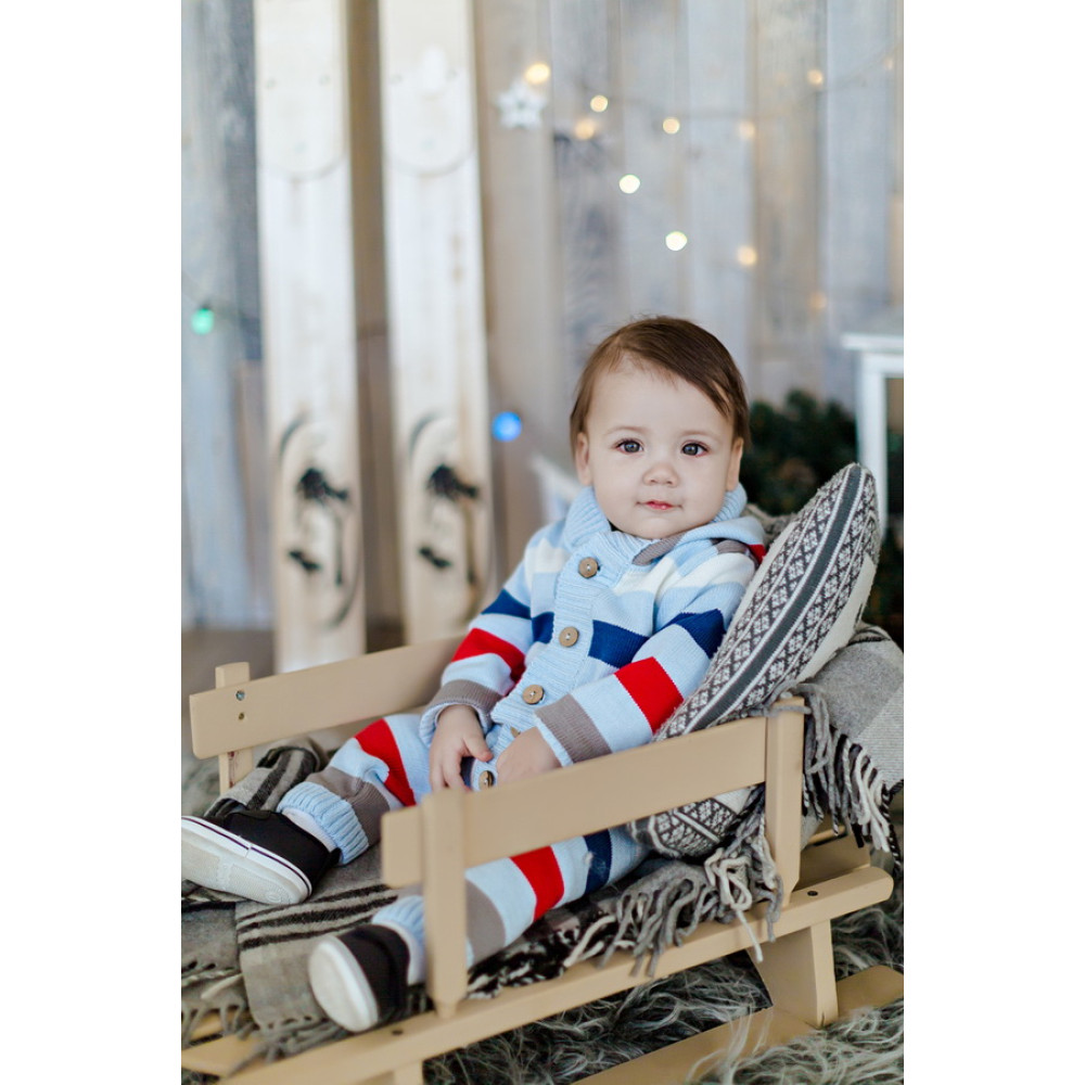 Комбинезон с капюшоном вязаный "Полоска", Голубой