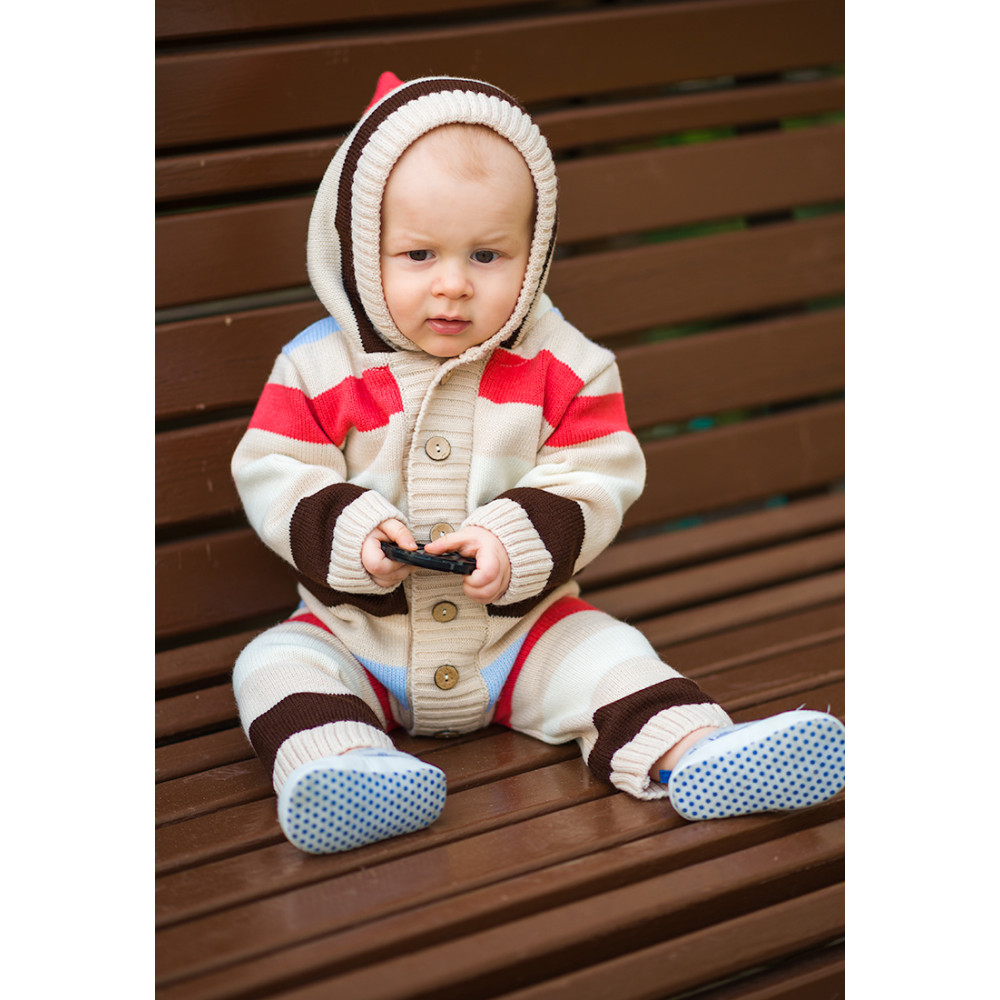 Комбинезон с капюшоном вязаный "Полоска", Бежевый