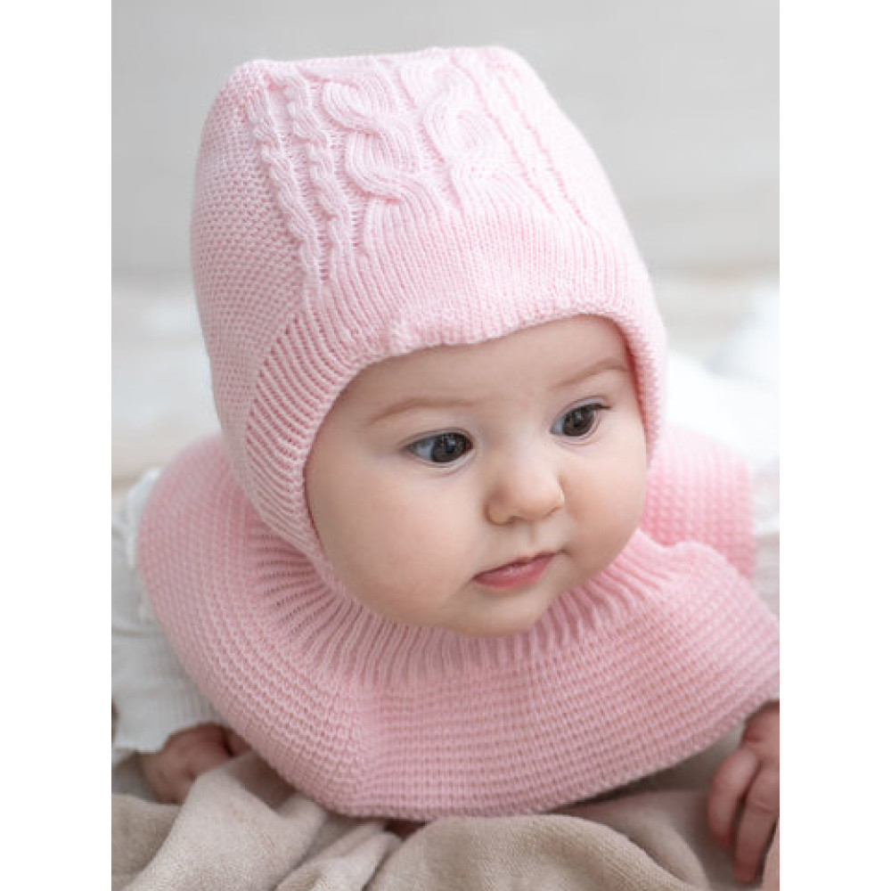 Демисезонная вязаная шапка с манишкой "Капор Плетеночка лайт", Розовый