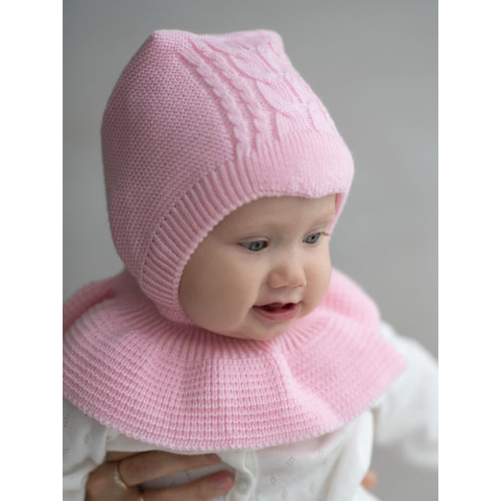 Демисезонная вязаная шапка с манишкой "Капор Плетеночка лайт", Розовый