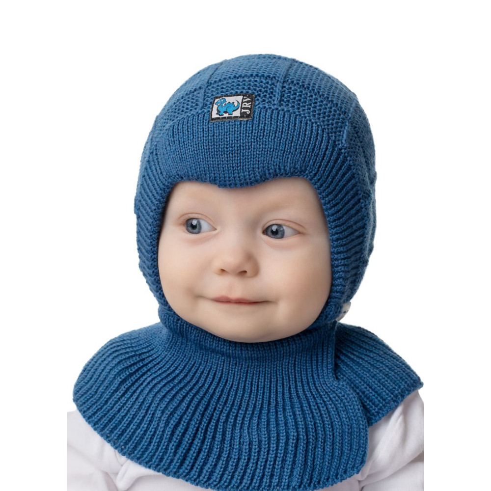 Демисезонная  шапка с манишкой для мальчика "Капор Клеточка", Синий