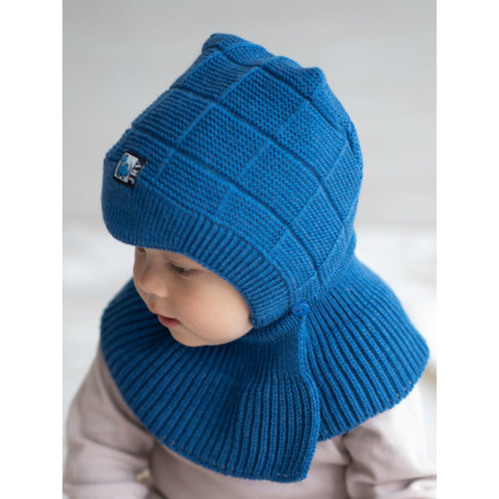 Демисезонная  шапка с манишкой для мальчика "Капор Клеточка", Синий