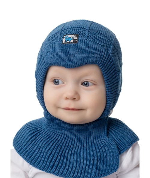Демисезонная  шапка с манишкой для мальчика "Капор Клеточка", Синий